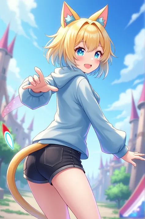 A girl from the game Genshin Impact , She has short blond hair and light blue at the tips, in gradient.  Her eyes are blue light blue blouse with a hood on the back, And black denim shorts ,  she has ears similar to those of a cat ,  a blond tail with the ...