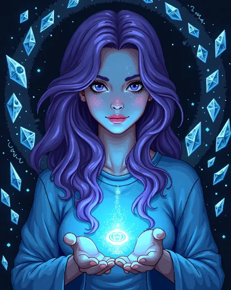 Pixel art blue woman  , Looking Forward Anime , blue crystal ,  black background with blue crystals , pixel art purple hair  , Magic runes around
