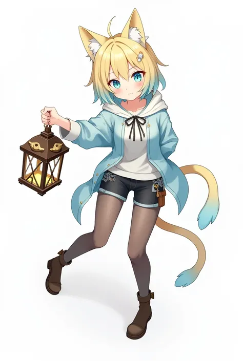 A girl from the game Genshin Impact , She has short blond hair and light blue at the tips, in gradient.  Her eyes are blue light blue blouse with a hood on the back, And black denim shorts , Her clothes have several accessories and decorations ,  she has e...