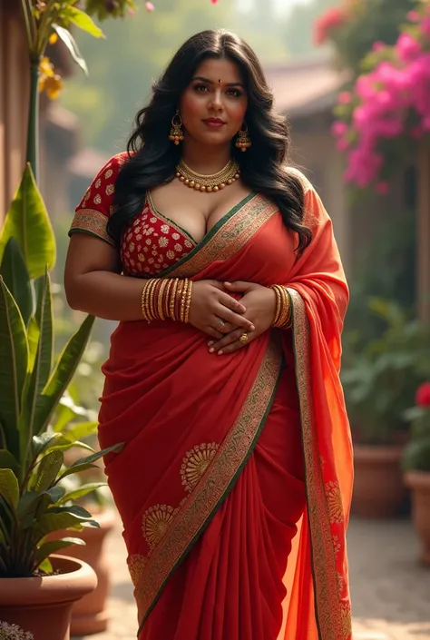 A big size desi lady wearing deepdown cut blouse on saree and kneedown 