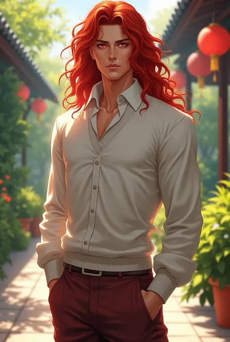 digital art style, realistic oil anime manwha ,  a handsome muscular man ,light skin,  long curly hair Red ,  big bright red eyes ,  wears a white collar sweater  ,  wide pants , beautiful design heels , Garden background ,distant take