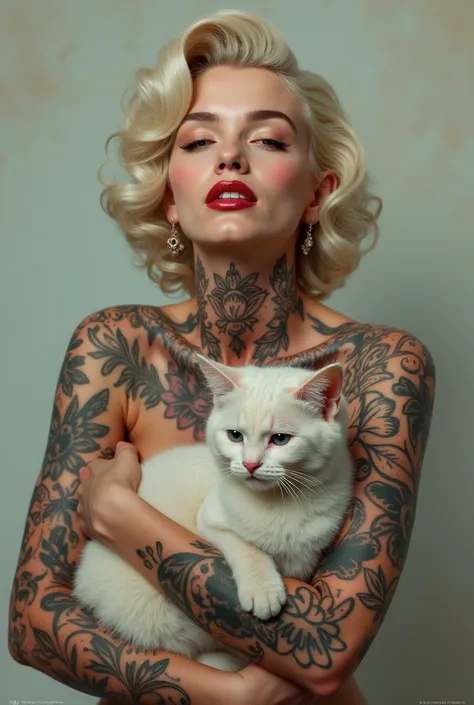 Marylin Monroe tattoed with cat in arms 