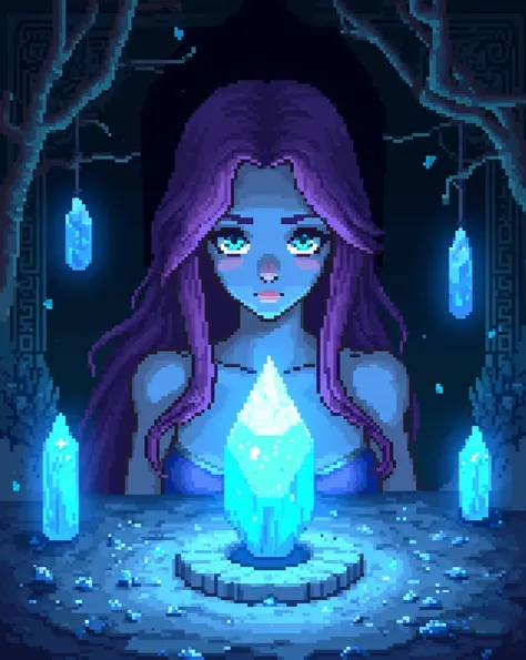 pixelart rpg , Pixel art blue woman  ,  looking forward anime , blue crystal ,  black background with blue crystals , pixel art purple hair  , Magic runes around
