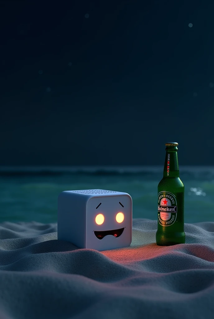 Create a small square speaker with two mouths and LEDs around the mouths with a Heineken beer on top of a beach on the sand at night