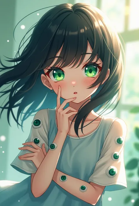   from black-haired anime with green eyes , With Eyes In Arms  , Cute and pretty 