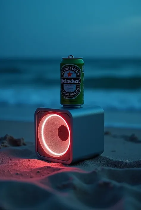 Create a small square speaker (some LEDs) around the mouth with a Heineken beer on top of a beach on the sand at night.