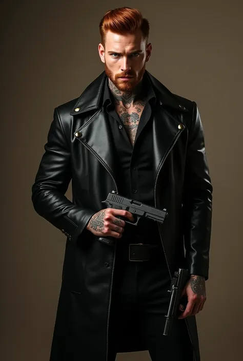  A handsome man, high, Strong of  ((30 anos years)), he has ((natural red hair executive cut, thin beard)),  has tattoos on his neck and tattoos on his hands, He wears an elegant black leather overcoat.  Black shirt and black pants . ((He looks like Michel...