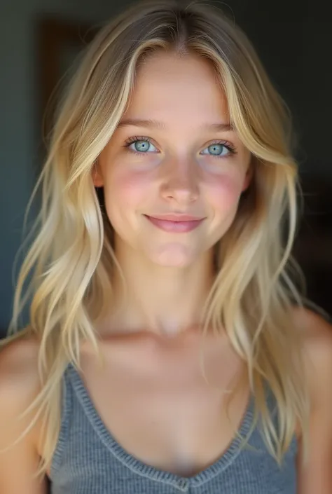  15-year-old girl with blond hair, blue eyes, Topless