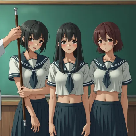 (((best quality, Masterpiece, Realistic photos, very detailed, Ultra high resolution, raw:1.3))), Three Woman in front of classroom, japanese girls, ((white crop top student sailor suit)), (( teenager  adult and younger )), no pants, open navel, open belly...