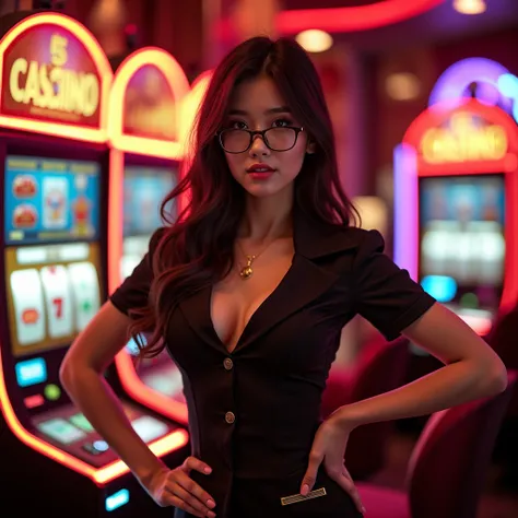 Beautiful korean chinese woman with sexy erotic body with big boobs in very sexy teacher uniform and using glasses,  standing confidently in front of a glittering casino machine . Glamorous atmosphere with bright red lights and rattling coins , creates a f...