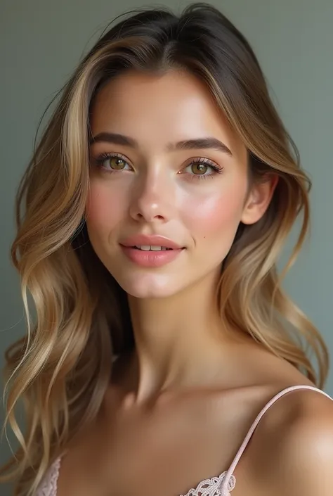  Young woman 23 years old with light hair,  olive eyes ,  sharp nose and fair skin .  With a confident look and a soft smile .  With a narrow face and a sharp chin, without dimples 