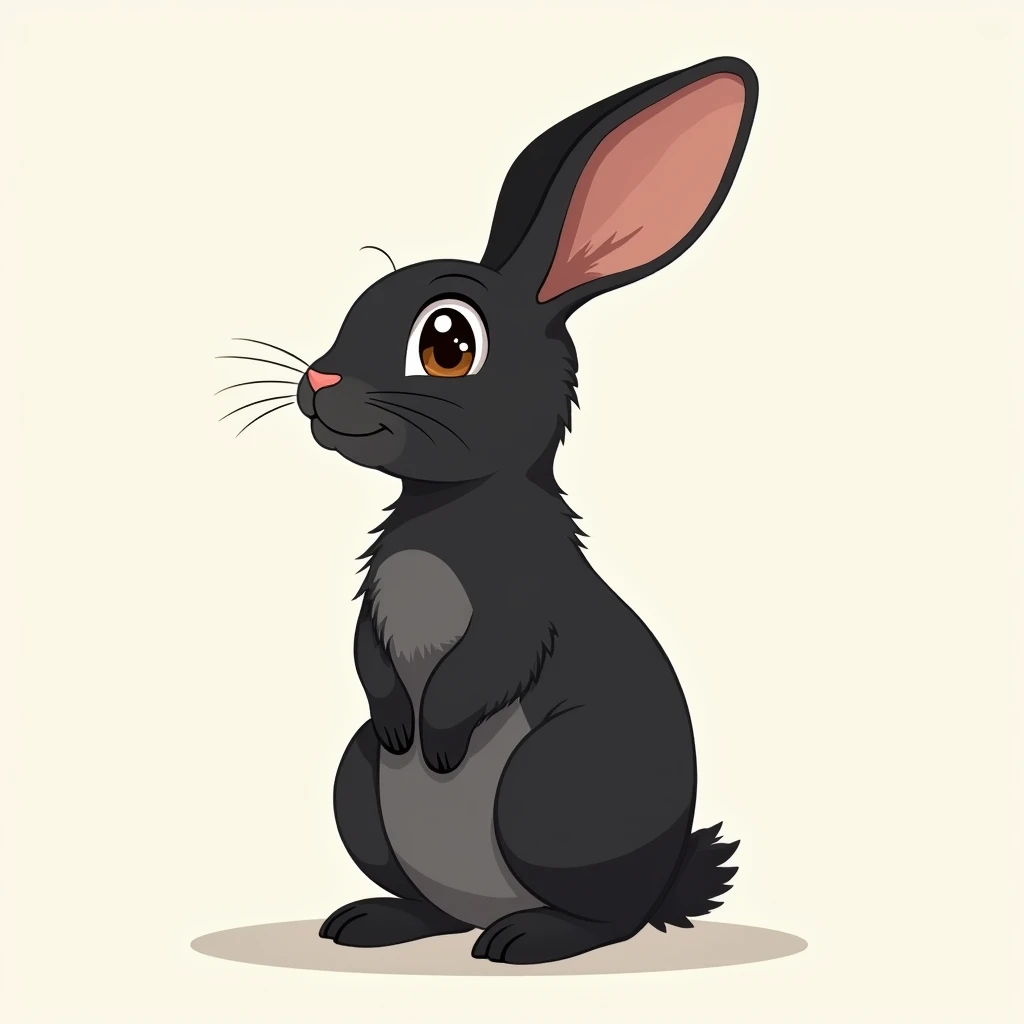 Image en gros plan dun lapin style dessin animé réaliste. Le lapin est noire avec des taches marron sur les oreilles. Il se tient debout sur ses pattes arrières. Le lapin a de très grands yeux rond mignons. 