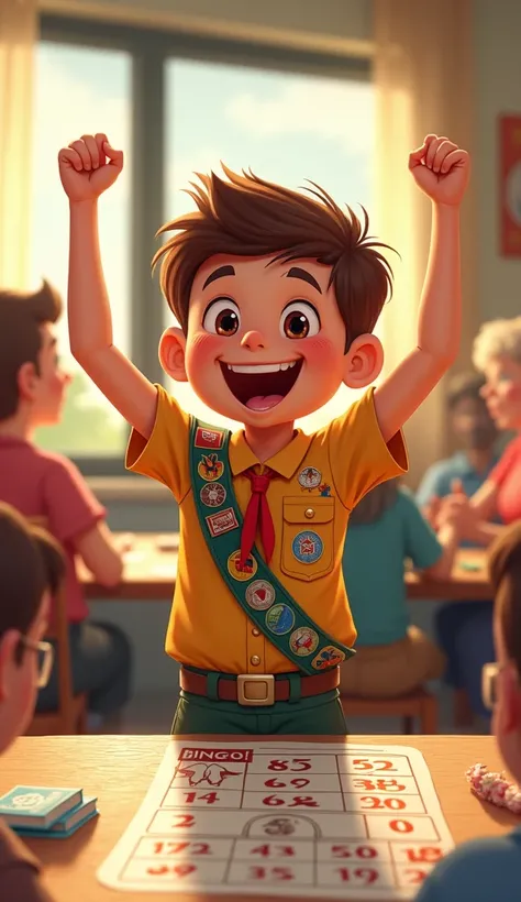 Scout boy playing bingo and win