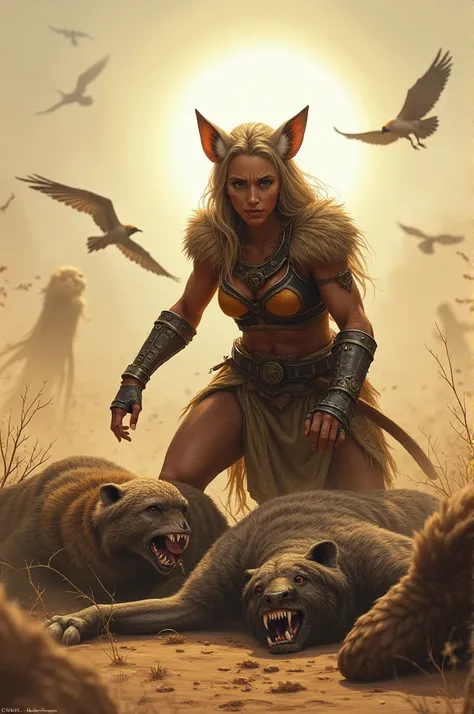  "Rispa ,  with a fierce and challenging look ,  is crouched close to the bodies of her ren ,  protecting them from predators . Around you,  birds of prey and animals try to get closer ,  but she pushes them away with fast and firm movements .  the suns he...