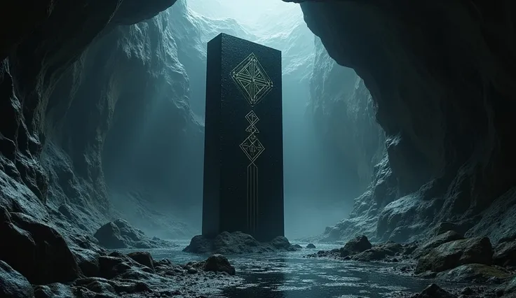  a shiny black monolith ,  with a smooth and absorbent surface ,  covered with strange and geometric symbols that seem to move under light . The cave is huge and dark ,  with moist walls covered with a viscous substance that shines like oil.