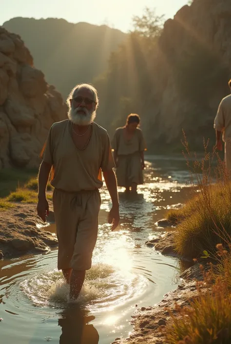 " The blind man walks carefully towards the Siloé tank,  guided by other residents .  He wears simple clothing ,  and his expression reveals determination .  The tank is surrounded by ancient rocks and vegetation , reflecting soft sunlight . In the backgro...