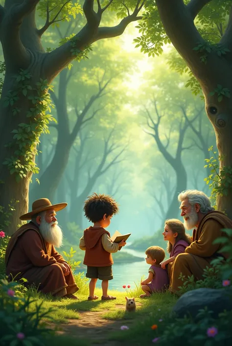  boy Tim and the Villagers: Tim narrating the story of the magical forest to the villagers and ren, who are listening attentively and smiling. Full hd landscape image