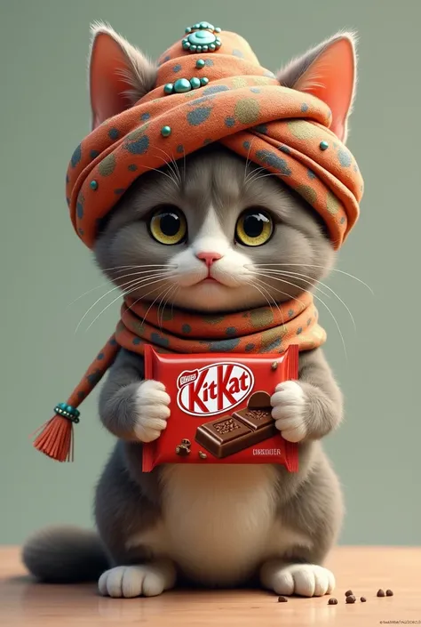 A cat holding a chocolate bar labeled "KitCat" (instead of KitKat), wearing an Arabic-style turban on its head.

