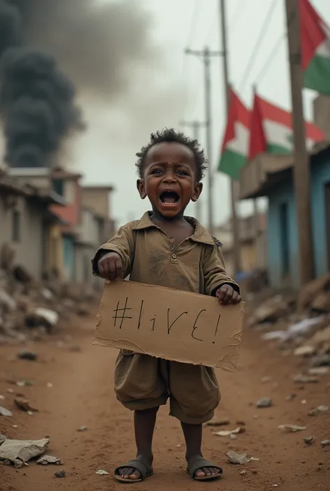 Photosahot of a little baby wearing a torn shirt"  very dull and dirty is posing standing alone while crying and while carrying a famine sign in her own country.    Susana in the middle of the city with a blaze of black smoke and lots of torn red and white...