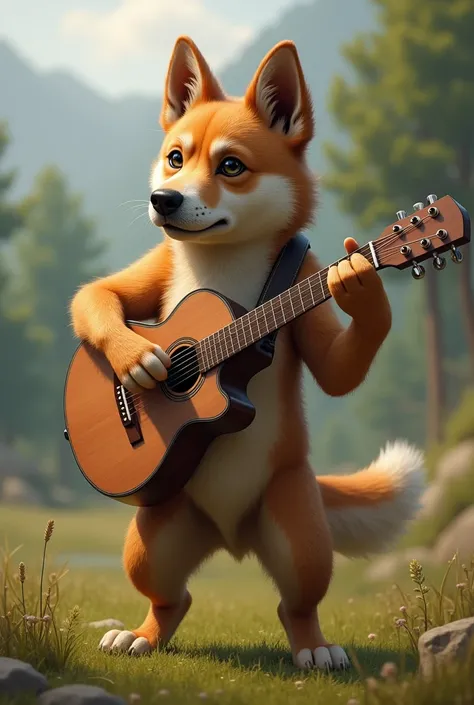 Realistic dog standing on its hind legs with a musical instrument and guitar 