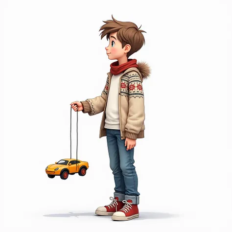 boy,  on the t-shirt is full-length , dressed in jeans and a snowflake sweater , I have sneakers on my feet,  holds a toy car on a string, illustration,  High detail ,  white background, 8 k