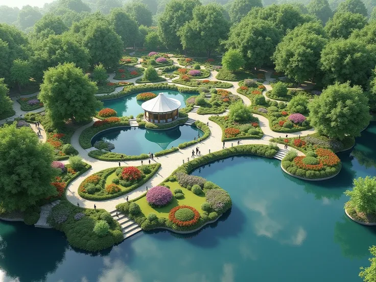 Here is an aerial landscape plan visualizing the lakeside garden with pathways, planting zones, and a floating pavilion. Let me know if youd like to refine or add any additional features!