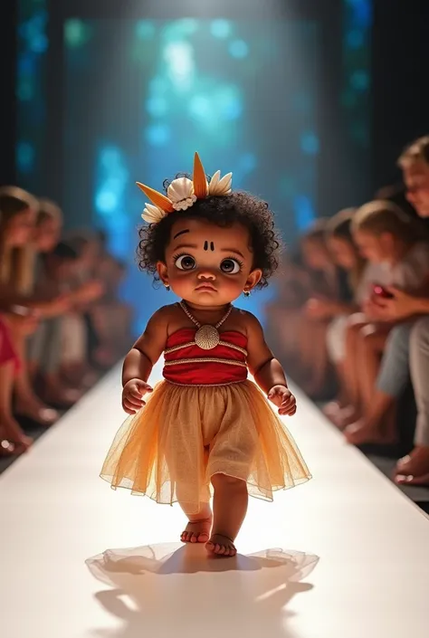 Make a baby disguised as Moana on a runway 