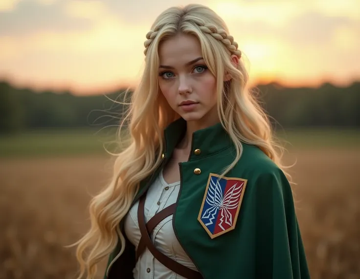  Realistic photo,  A young Ukrainian woman with long blond hair ,  intense blue eyes ,  dressed in a detailed cosplay Exploration of History Reiss from the series Attack on Titan .  She wears the typical uniform of the Regiment of green cape and the emblem...