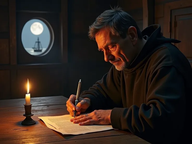  A 17th century Jesuit priest sitting at the table in the hold of a Portuguese ship .  He has an expression of deep reflection and regret as he writes on a paper with a pen dipped in ink.  The flickering candle at his side casts shadows on his face ,  high...