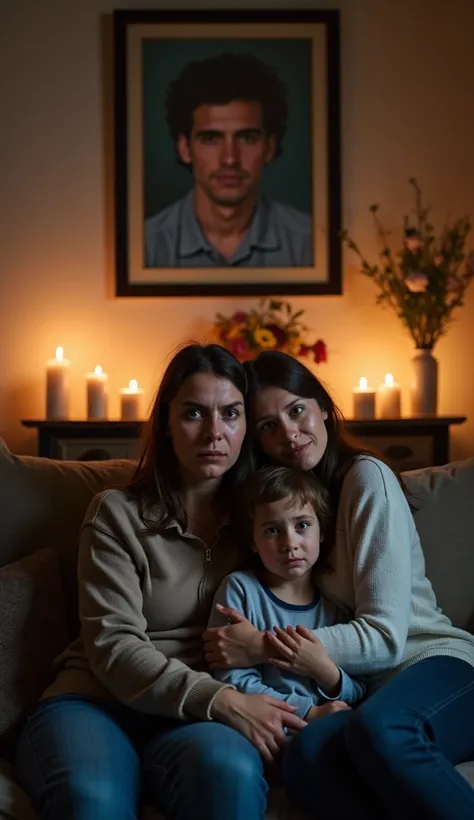 A grieving family in a dimly lit room, with a framed photo of the father surrounded by candles and flowers. The mother and a younger sibling sit on a couch, holding each other, with tear-streaked faces and visible anguish. The background shows a muted home...