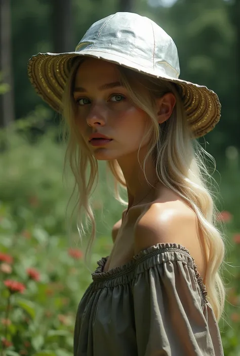 30 year old woman, blonde, serious face,  very thin ,  dressed in loose clothing , He has an aluminum hat. Live in nature . 