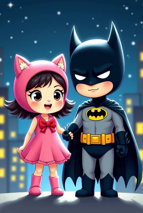 Create a drawing of a girl dressed as Hello Kitty and Batman as her partner