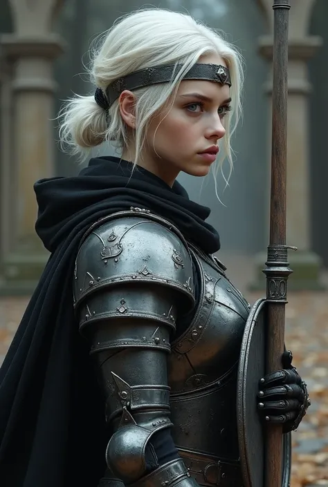 Girl with medium-short white hair tied behind , Realistic and from a medieval magical world,  with medium armor made of black steel adorned with silver and black leather with a ragged black cloth and cape and a small, silver crest shield,  with a large sta...