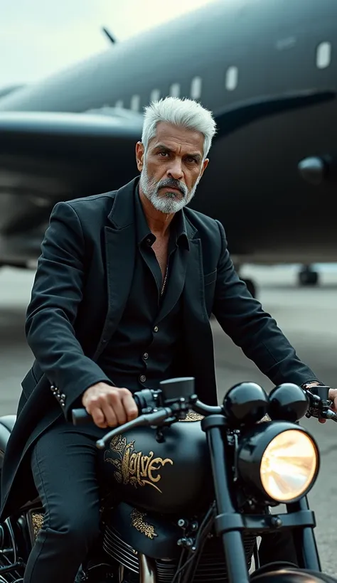 Actor Ajith Kumar as white man with white hair standing near to the black glittering airplane and riding bike with the gothic style 