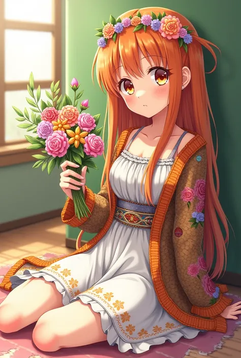 Anime Asuna Yuuki orange eyes and orange hair she wears a hippie dress with belt with hippie knit jacket she sits on the floor and holds a bouquet of flowers she wears a floral ribbon on her forehead 