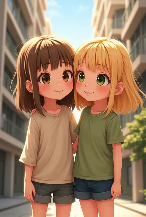 A light brown haired girl with brown eyes standing next to a block of flats with a blonde girl with green eyes as her bff