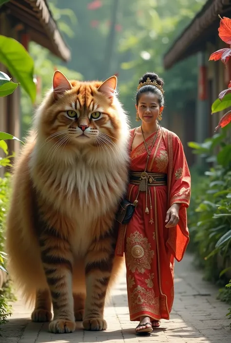 Make a video of cute hairy giant cat walking with a beautiful mature woman in traditional Balinese dress