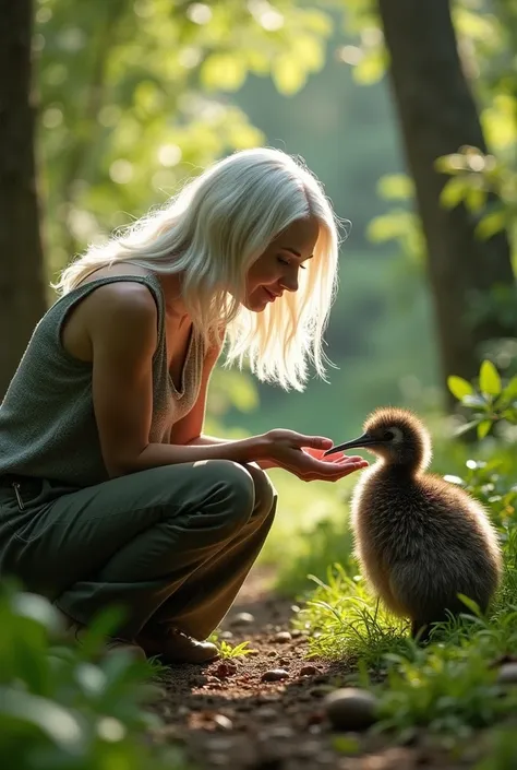  kneeling softly in a lush New Zealand forest, holding her hand out to a small kiwi bird. Her radiant white hair contrasts with the vibrant green foliage, and the scene captures a peaceful connection with one of the country’s most iconic creatures.