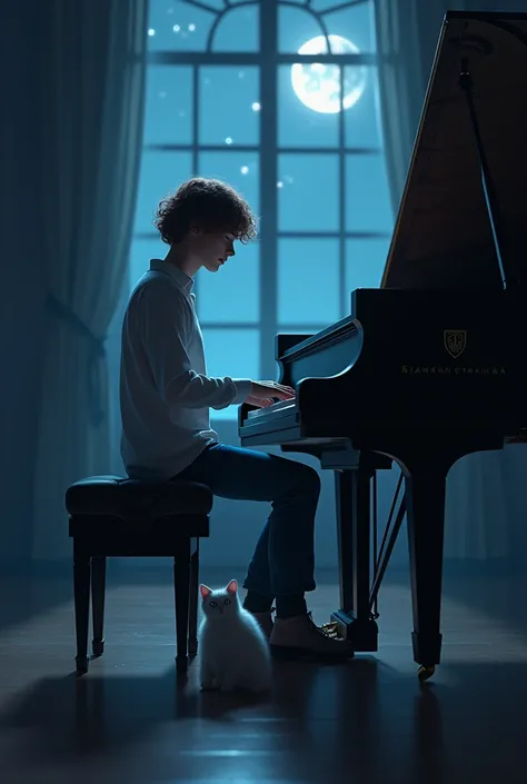 pianist with brown wavy hair and 22 years old .
It is night and dark.  a large room and in the middle is a grand piano with the pianist and some moonlight coming out of him through the window.
A man. And a white cat with blue eyes on his feet 
(Best graphi...