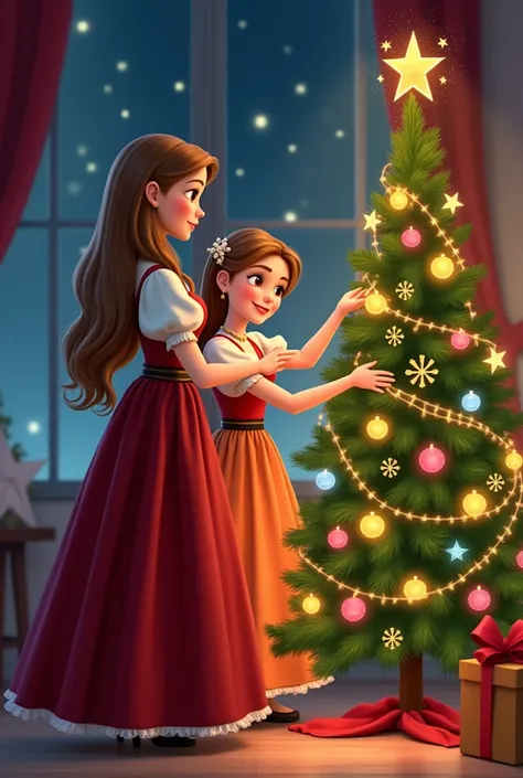 Disney ice magic style cartoon characters
Two sisters aged 30 and 34 are decorating a Christmas tree.

 The younger girl with long straight light brown hair with hair up to the waist , wearing an elegant casual dress with makeup

His older sister is taller...