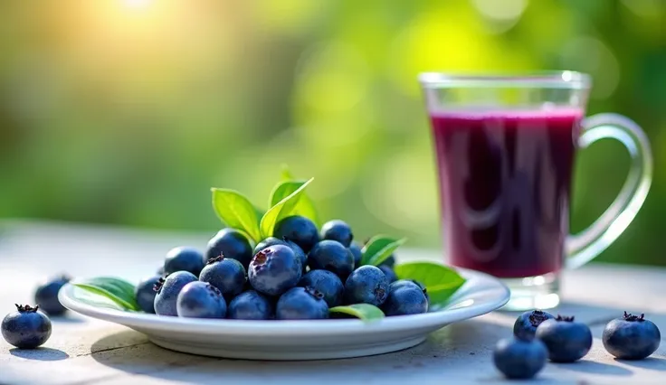 A vibrant display of fresh blueberries and their leaves on a white ceramic plate, with a blurred background of a lush garden, symbolizing their natural richness in antioxidants; a glass of blueberry juice sits nearby, glistening in the sunlight —ar 16:9