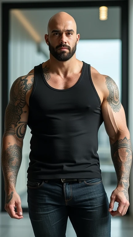 an exaggeratedly muscular, tall and large bald bodyguard, beefy build, mandala tattooes on upper arms, asian mixed race, (wearing sleeveless casual vest: 1.2), (bara pecs: 1.3), (arm and chest hair: 1.3), full body portrait HD, bright corporate office with...