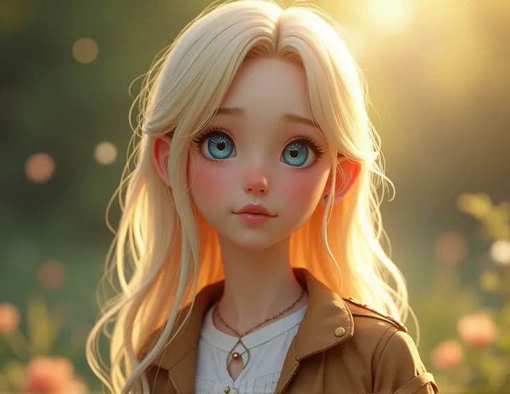 A 16-year-old girl of short Ukrainian stature with long blond hair , bright blue eyes,  dressed in a cosplay inspired by Reiss History .  She wears a simple white shirt and a short brown jacket .  Her hairstyle is clean and elegant , with soft locks framin...