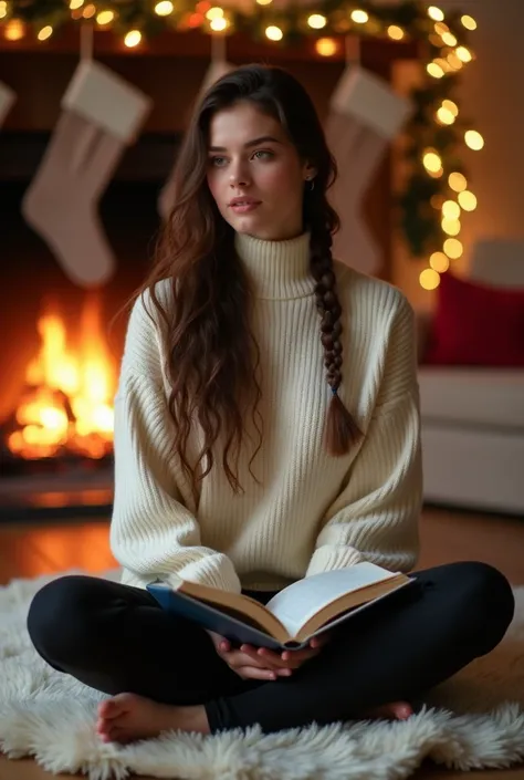 (((16k photograph))) 20-year-old brunette girl, long brunette hair, large breasts, deep cleavage, sitting cross-legged on a plush rug in front of a crackling fireplace. She’s wearing a cream-colored turtleneck sweater and fitted black leggings, her hair lo...