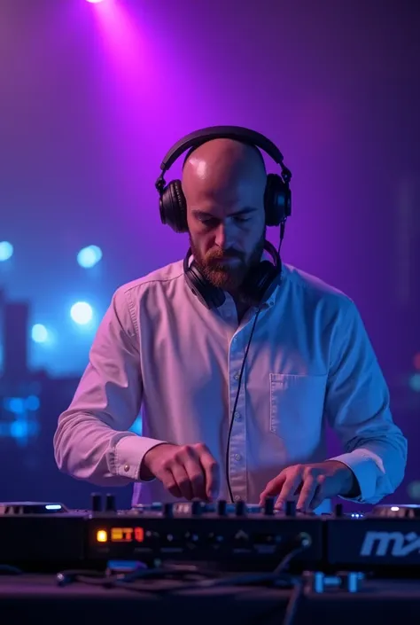 Medium size white male with bald head wearing a white shirt with jeans and headphones and behind a DJ booth Facing the camera with purple and blue lights close up 