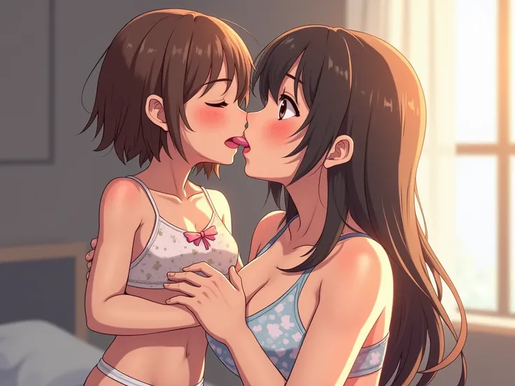 mother making out with small daughter, lesbian,  anime, underwear, tongue kissing, licking inside of mouth,         hand on chest, lips intertwined with each other,