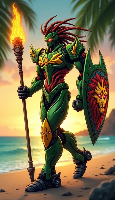 Rastafarianism Transformer
A sleek Transformer with dreadlock-like cables flowing from its head and vibrant tribal designs on its body. It carries a lion-themed energy shield and a glowing staff. Surroundings: a beachside scene with palm trees swaying in t...