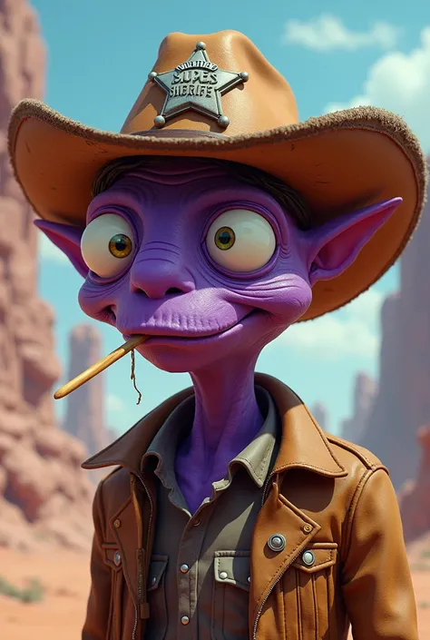 Rick and Morty style purple alien with a cowboy hat and a sheriffs badge on his head and a toothpick in his mouth