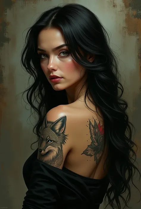 Woman, long black hair, green eyes, large fox tattoo on the back, con-artist, sassy, pickpocketer, thief, lockpicker.