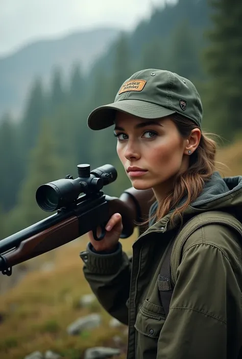  A young woman in her 30s, , she has a hunter rifle with a scope, she is wearing a cap , , detached 